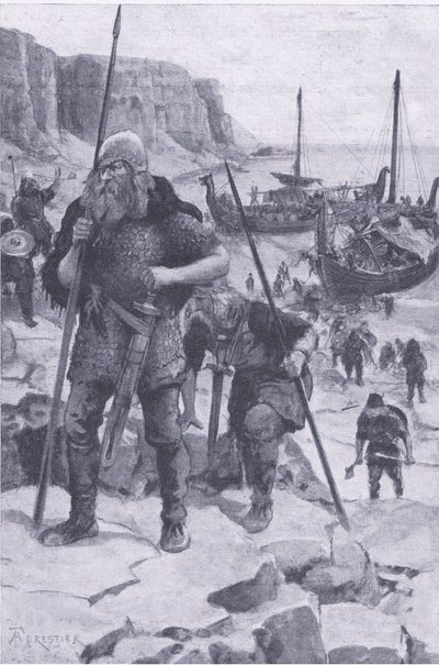 Wikingowie znajdują Amerykę, z My Magazine, pub.1922 (lito) autorstwa Amedee Forestier