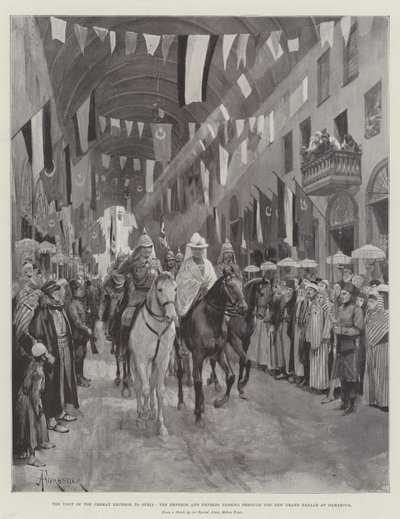 Wizyta Cesarza Niemiec w Syrii, Cesarz i Cesarzowa przechodzący przez Nowy Wielki Bazar w Damaszku autorstwa Amedee Forestier