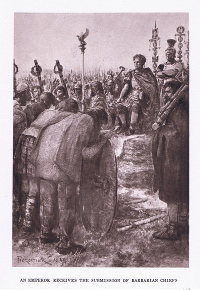 Cesarz otrzymuje uległość wodzów barbarzyńskich, ilustracja z rzymskiego żołnierza, 1928 autorstwa Amedee Forestier