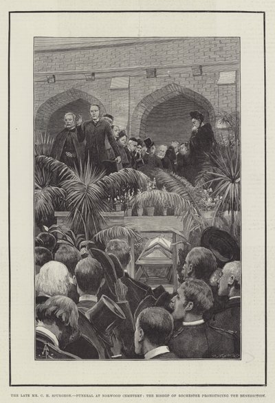 Nieżyjący już pan CH. Spurgeon, pogrzeb na cmentarzu Norwood, biskup Rochester ogłaszający błogosławieństwo autorstwa Amedee Forestier
