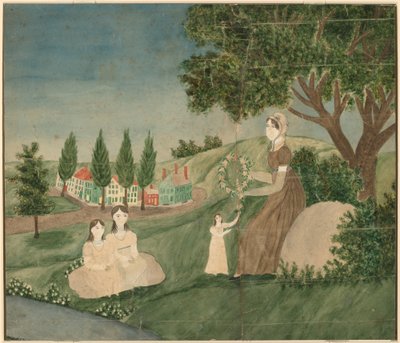Matka i troje dzieci robią wieniec z kwiatów autorstwa American 19th Century