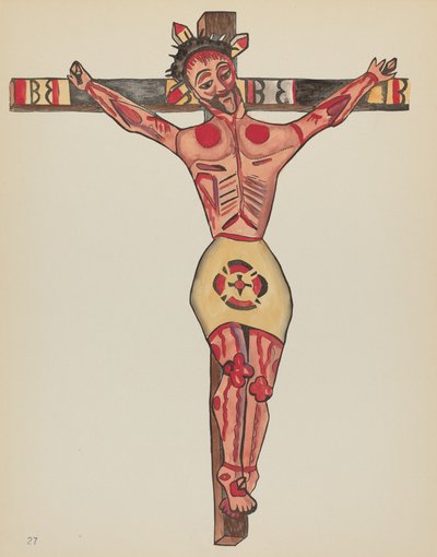 Tabliczka 27: Chrystus ukrzyżowany: z portfolio "Hiszpańskie wzory kolonialne Nowego Meksyku" autorstwa American 20th Century