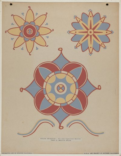 Dekoracja sufitowa misji San Juan Capistrano z portfolio "Sztuka dekoracyjna hiszpańskiej Kalifornii" autorstwa American 20th Century