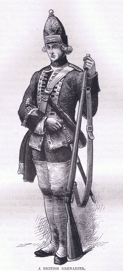 Brytyjski grenadier, ilustracja z Cassells History of the United States wydana przez Cassell, Petter & Galpin, c.1900 (lito) autorstwa American English school