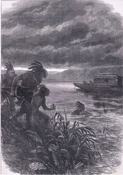 Handlarze z Ohio zaatakowani przez dzikusów, ilustracja z Cassells History of the United States wydana przez Cassell, Petter & Galpin, ok. 1900 (lito) autorstwa American English school