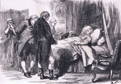 Waszyngton na łożu śmierci, ilustracja z Cassells History of the United States wydanej przez Cassell, Petter & Galpin, c.1900 (litografia) autorstwa American English school