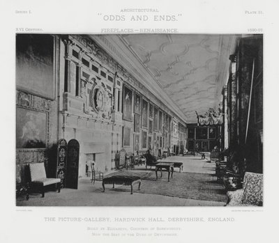 Kominek: Galeria obrazów, Hardwick Hall, Derbyshire, Anglia (zdjęcie czarno-białe) autorstwa American Photographer (after)