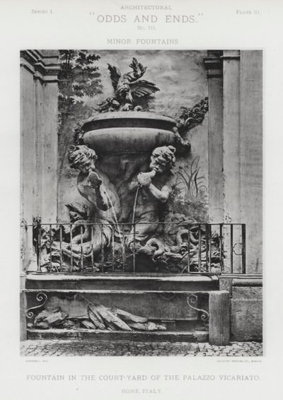 Fontanna na dziedzińcu Palazzo Vicariato, Rzym, Włochy (zdjęcie czarno-białe) autorstwa American Photographer (after)