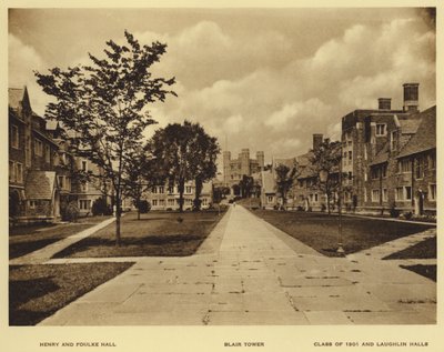 Uniwersytet Princeton: Henry i Foulke Hall; Wieża Blaira; Klasa 1901 i Laughlin Halls (zdjęcie czarno-białe) autorstwa American Photographer (after)