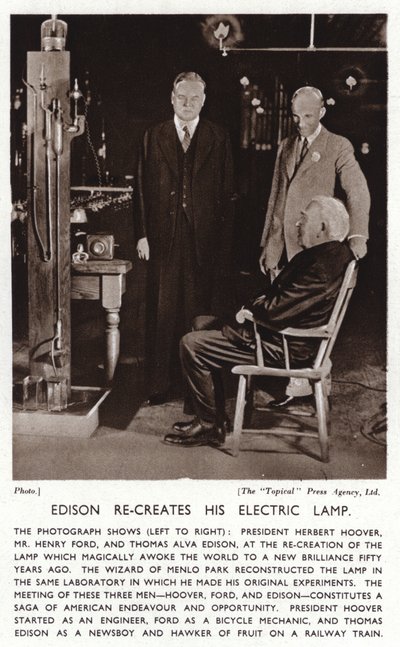 Thomas Edison odtwarza swoje elektryczne światło dla prezydenta Herberta Hoovera i Henry