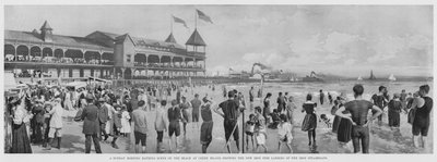 Scena kąpieli w niedzielny poranek na plaży na Coney Island, pokazująca nowe lądowanie żelaznych parowców na molo (zdjęcie czarno-białe) autorstwa American Photographer