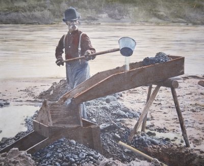 Amerykański poszukiwacz złota za pomocą śluzy (zdjęcie ręcznie kolorowane) autorstwa American Photographer