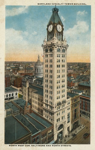 Baltimore, MA: Budynek Maryland Casualty Tower, północno-zachodni narożnik ulic Baltimore i North (zdjęcie kolorowe) autorstwa American Photographer