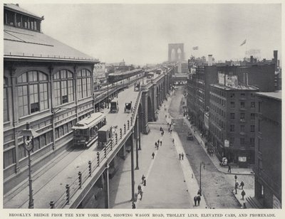 Most Brookliński od strony Nowego Jorku, pokazujący Wagon Road, Tralley Line, Elevated Cars i Promenade (zdjęcie czarno-białe) autorstwa American Photographer