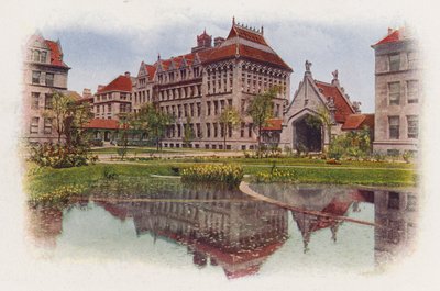 Chicago: Hull Court, od Botany Pond, Anatomy Building i Hull Gate (zdjęcie kolorowe) autorstwa American Photographer
