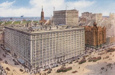 Chicago: Marshall Field and Company z ulic State i Randolph, lokal handlowy największego sklepu na świecie (zdjęcie kolorowe) autorstwa American Photographer