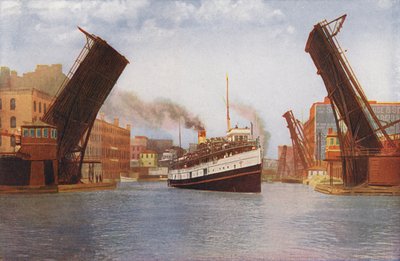 Chicago: Most State Street Bascule Bridge podniesiony dla parowca wycieczkowego (zdjęcie kolorowe) autorstwa American Photographer