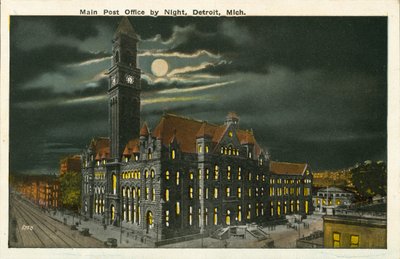 Poczta główna nocą, Detroit, Michigan (zdjęcie kolorowe) autorstwa American Photographer