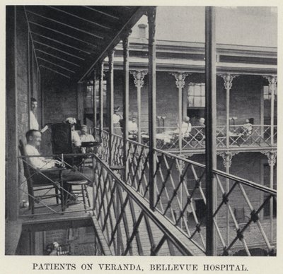 Pacjenci na werandzie, szpital Bellevue (zdjęcie czarno-białe) autorstwa American Photographer