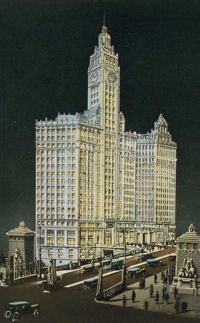 Budynek Wrigley, część południowa i północna, nocą (kolorowe zdjęcie) autorstwa American Photographer