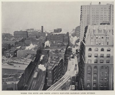 Gdzie rozchodzą się podniesione linie kolejowe Szóstej i Dziewiątej Alei (zdjęcie czarno-białe) autorstwa American Photographer