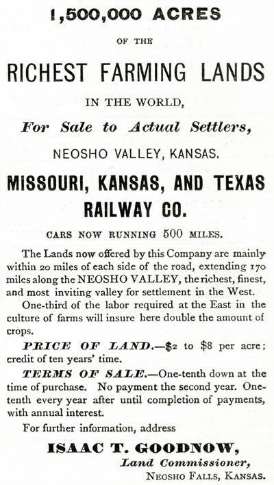 1 500 000 akrów najbogatszych ziem uprawnych na świecie, w dolinie Neosho w stanie Kansas, ogłoszenie z Appletons Journal, 4 maja 1872 r. autorstwa American School