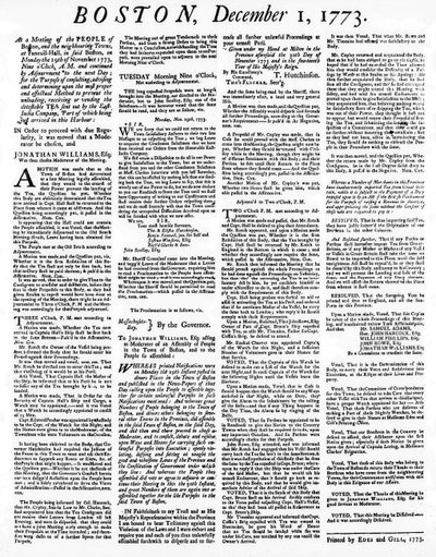 Gazeta Broadside opisująca wydarzenia z Boston Tea Party, grudzień 1773 (druk) autorstwa American School