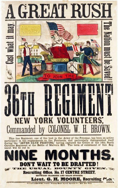 Wielki Gorączka, plakat rekrutacyjny do 36 Pułku, wydany przez Baker & Goodwin autorstwa American School