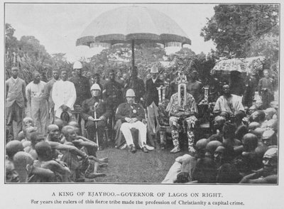 Król Ejayboo i gubernator Lagos, ilustracja z „W lesie i dżungli Afryki, czyli sześć lat wśród Jorubów”, autorstwa R.H. Stone