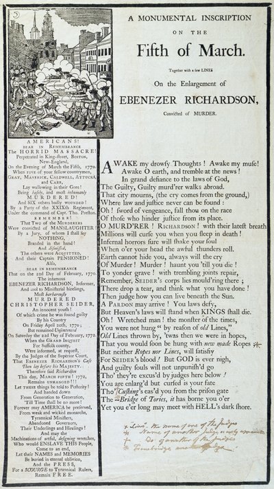 Monumentalna inskrypcja 5 marca 1772 r. (druk) autorstwa American School