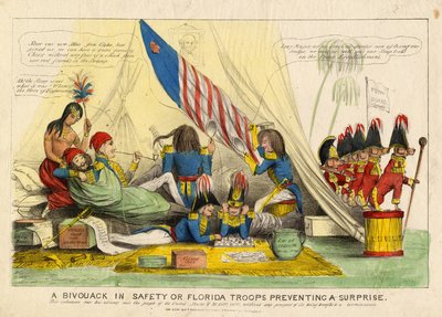 Bezpieczny biwak lub wojska z Florydy zapobiegające niespodziance, opublikowane przez H.R. Robinsona, Nowy Jork, c.1839 autorstwa American School