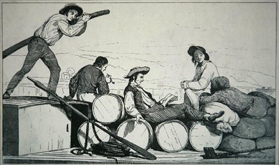 Płaska łódź przewożąca ładunek na rzece Missisipi, ok. 1840 (rycina) autorstwa American School