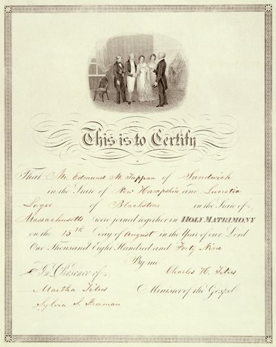 Akt małżeństwa z 1849 r. autorstwa American School