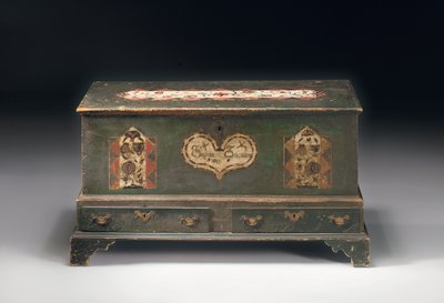 Ozdobiona farbą skrzynia z podniesionym dachem, z inskrypcją Susana Scheblern, prawdopodobnie hrabstwo Lancaster, Pensylwania, 1790 autorstwa American School