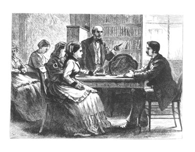 Kobieta negocjuje z kierownikiem fabryki, wspomagana przez doradcę z nowego Stowarzyszenia Ochrony Kobiet Pracujących Susan B. Anthony, lata 1860-70 autorstwa American School