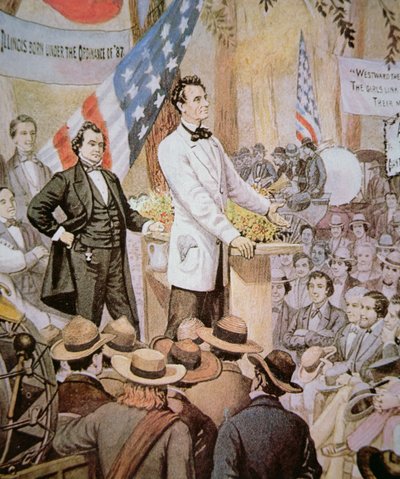 Abraham Lincoln (1809-65) w debacie publicznej ze Stephenem A. Douglasem (1813-61) w Illinois autorstwa American School