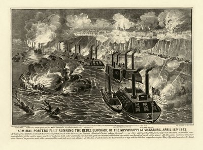 Flota admirała Portera prowadząca rebeliancką blokadę Missisipi w Vicksburgu, 16 kwietnia 1863, wyd. 1863 (grawerowanie) autorstwa American School