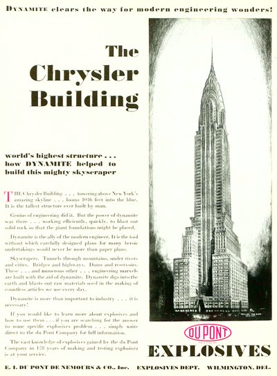 Reklama przedstawiająca budynek Chryslera, z magazynu DuPont, maj 1930 autorstwa American School