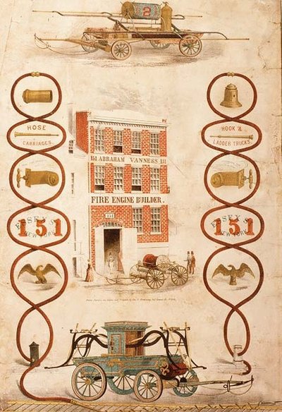 Reklama dla Abrahama Vannessa, konstruktora wozów strażackich i producenta sprzętu przeciwpożarowego, pub. przez Geo. G. Gratacap, Nowy Jork, ok. 1850 (lito) autorstwa American School