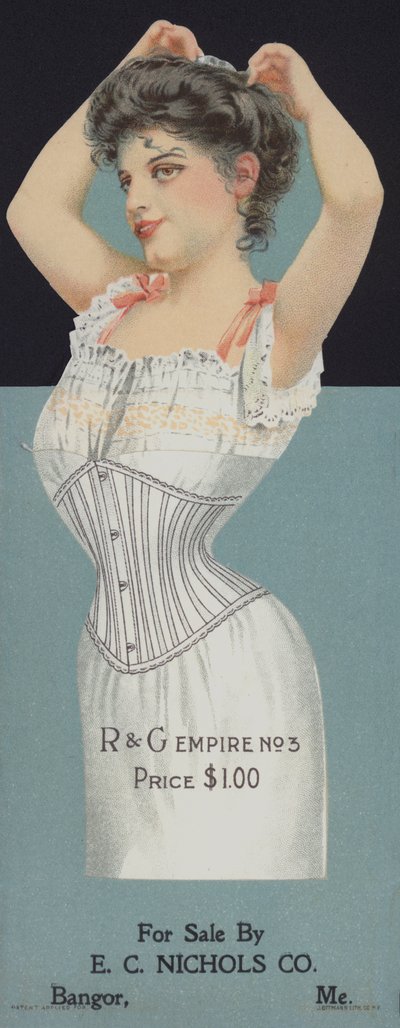 Reklama gorsetów damskich R&G (chromolitho) autorstwa American School