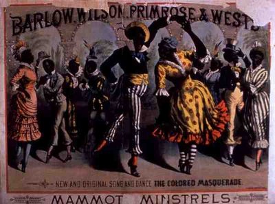 Reklama „Kolorowej maskarady”, Pieśni i tańca mamutów Minstrels, prezentowanych przez Barlowa, Wilsona, Primrose i Westa (kolor lito) autorstwa American School
