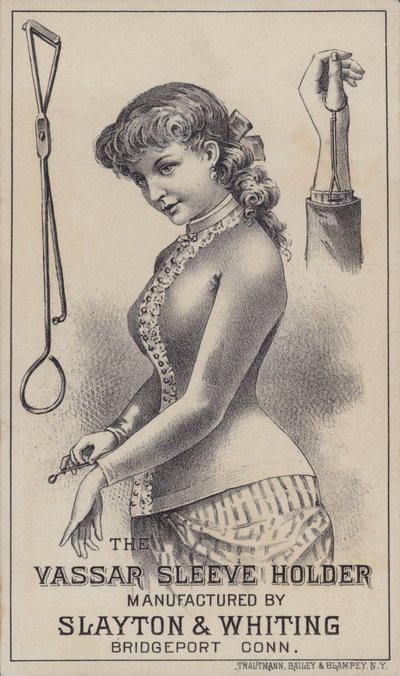 Reklama uchwytu rękawa Vassar, wyprodukowanego przez Slayton & Whiting, Bridgeport, Connecticut, USA (kolor litho) autorstwa American School
