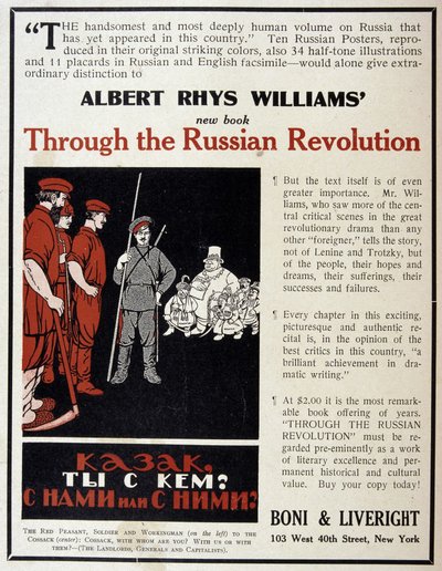 Reklama sprzedaży książki „Rewolucja rosyjska” Alberta Rhysa Williamsa w amerykańskim magazynie autorstwa American School