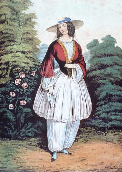 Amelia Jenks Bloomer w kostiumie „Bloomer”, wydana przez N. Currier autorstwa American School