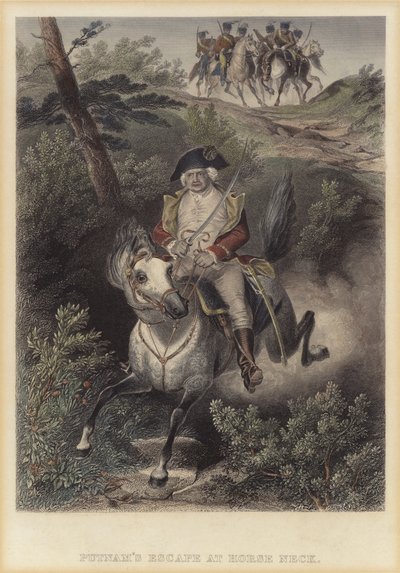 Ucieczka amerykańskiego generała Israela Putnama przed Brytyjczykami pod Horse Neck, Connecticut, amerykańska wojna o niepodległość autorstwa American School
