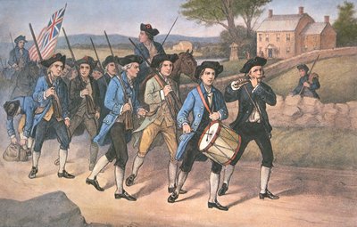 Amerykańskie „minutowe osoby” maszerujące przeciwko Brytyjczykom przy muzyce wojennej Fife and Drum, pub. przez Currier i Ives autorstwa American School