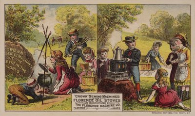 Amerykańska wizytówka reklamująca maszyny do szycia i piece olejowe wyprodukowane przez Florence Machine Company, Massachusetts, ok. 1880 r. autorstwa American School