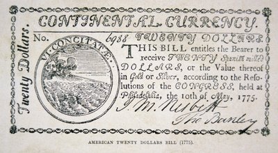 Amerykański banknot dwudziestodolarowy z 1775 r. (lito) autorstwa American School