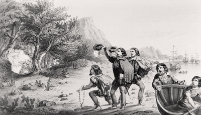 Amerigo Vespucci ląduje w Nowym Świecie, z książki „Życie i podróże Americus Vespucius”, opublikowanej przez Horace Mansfield, New Haven, Connecticut, 1853 autorstwa American School