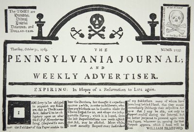Amerykańska odpowiedź na narzuconą przez Brytyjczyków ustawę stemplową, wyd. w The Pennsylvania Journal and Weekly Advertiser w dniu 31 października 1765 (newsprint) autorstwa American School